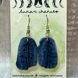 May include: A pair of blue and white agate earrings with silver hooks. The earrings are displayed on a card with the text "lunar chances" and a black and white cat illustration.