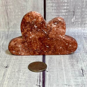 May include: A reddish-brown cloud-shaped stone sculpture with white speckles. The stone is smooth and polished. A quarter coin is next to the sculpture for size comparison. The sculpture is on a wooden surface.