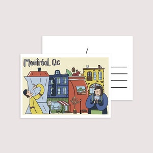 May include: Montreal, QC postcard featuring a whimsical illustration of colorful buildings, a coffee maker, and people enjoying coffee. The postcard is in a cream color with a yellow background.  The text 'Montreal. QC' is prominently displayed. The illustration includes a red and blue coffee maker, yellow and orange buildings, and green trees.  A person is depicted pouring coffee from the coffee maker. Another person is holding a cup of coffee. The postcard has a blank space for writing a message and an address section.