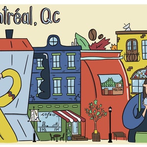 May include: Montreal, QC postcard illustration featuring a large coffee maker, stylized buildings in blue, red, and yellow, and a barista holding a coffee cup.  The scene includes fall leaves, a small cafe with a striped awning, and a streetlamp.  The illustration is in a cartoon style with bold outlines and flat colors.