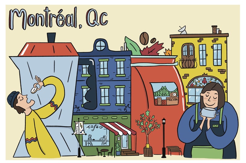 May include: Montreal, QC postcard illustration featuring a large coffee maker, stylized buildings in blue, red, and yellow, and a barista holding a coffee cup.  The scene includes fall leaves, a small cafe with a striped awning, and a streetlamp.  The illustration is in a cartoon style with bold outlines and flat colors.