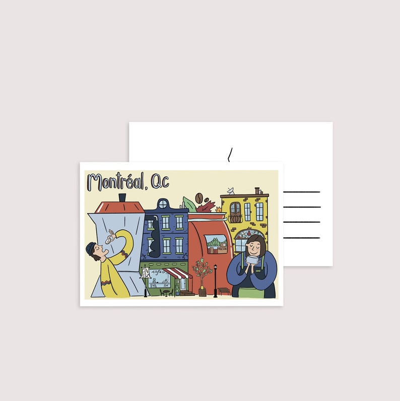 May include: Montreal, QC postcard featuring a whimsical illustration of colorful buildings, a coffee maker, and people enjoying coffee. The postcard is in a cream color with a yellow background.  The text 'Montreal. QC' is prominently displayed. The illustration includes a red and blue coffee maker, yellow and orange buildings, and green trees.  A person is depicted pouring coffee from the coffee maker. Another person is holding a cup of coffee. The postcard has a blank space for writing a message and an address section.