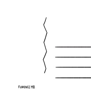 May include: Black and white postcard template with a zig-zag line separating the front and back. The back features four horizontal lines for writing a message.  The bottom of the postcard includes the text 'FLORENCE MB' and '@illustre.flo'.