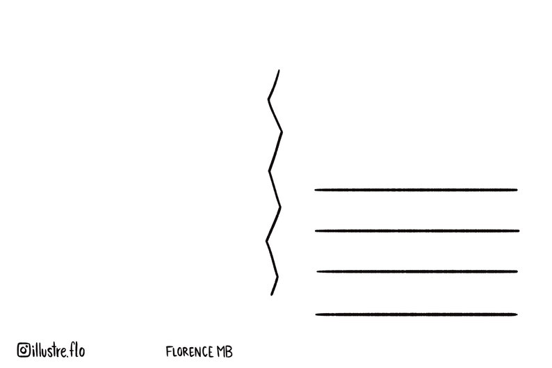 May include: Black and white postcard template with a zig-zag line separating the front and back. The back features four horizontal lines for writing a message.  The bottom of the postcard includes the text 'FLORENCE MB' and '@illustre.flo'.