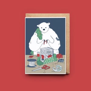 Carte de souhaits | Ours polaire qui emballe un cadeau| Sans texte | Illustration | Florence MB  | IllustreFlo  | Noël  | Verdun | Québec
