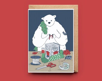 Greeting card | Polar bear wrapping a gift | Without text | Illustration | Florence MB | IllustreFlo | Christmas | Verdun | Quebec