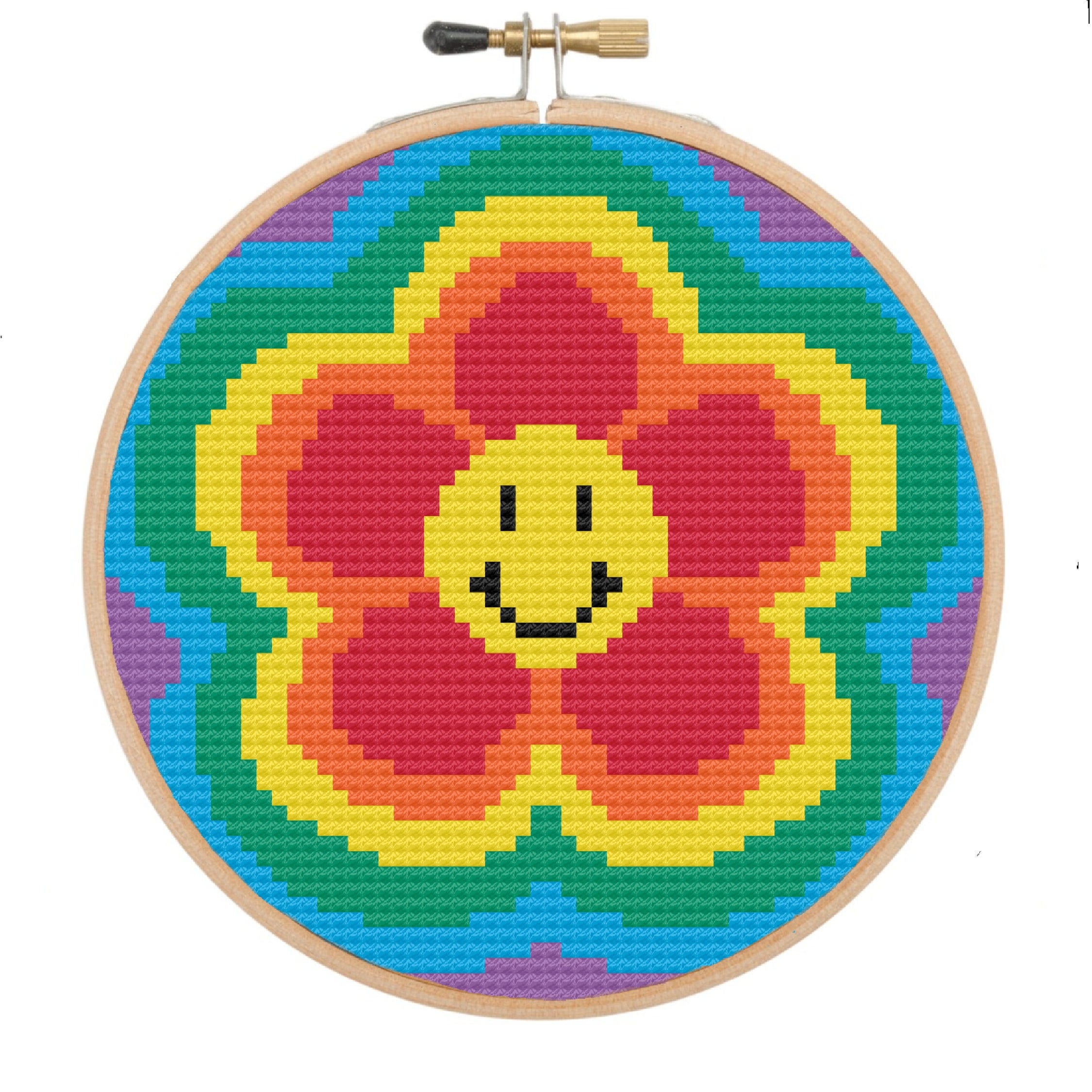 Groovy Flower Cross Stitch Pattern PDF, Smiley Flower Cross