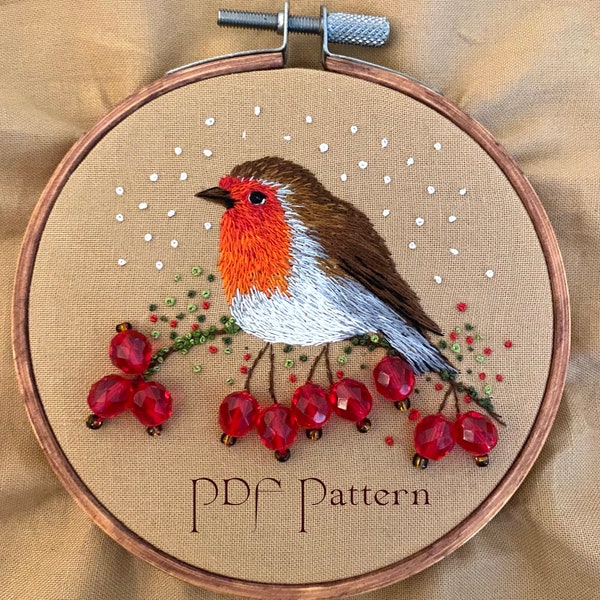Christmas Robin PDF Embroidery Pattern Only, Embroidery art hoop, embroidery hoop