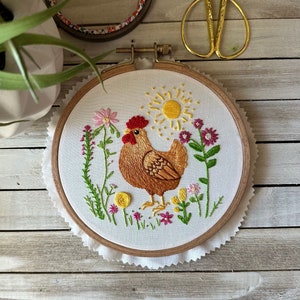 Little Brown Hen, Chickens, flowers, embroidery, PDF Pattern ONLY, Embroidery Pattern, cottagecore