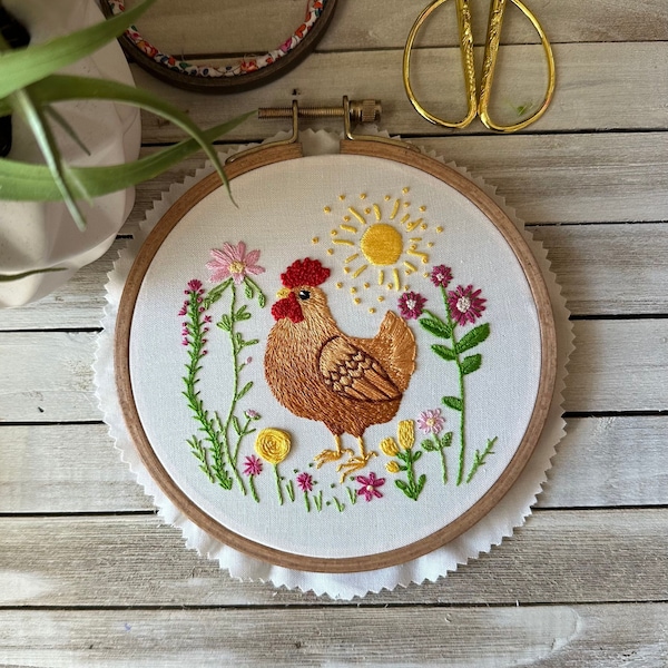 Petite poule brune, poulets, fleurs, broderie, motif PDF UNIQUEMENT, motif de broderie, noyau cottage