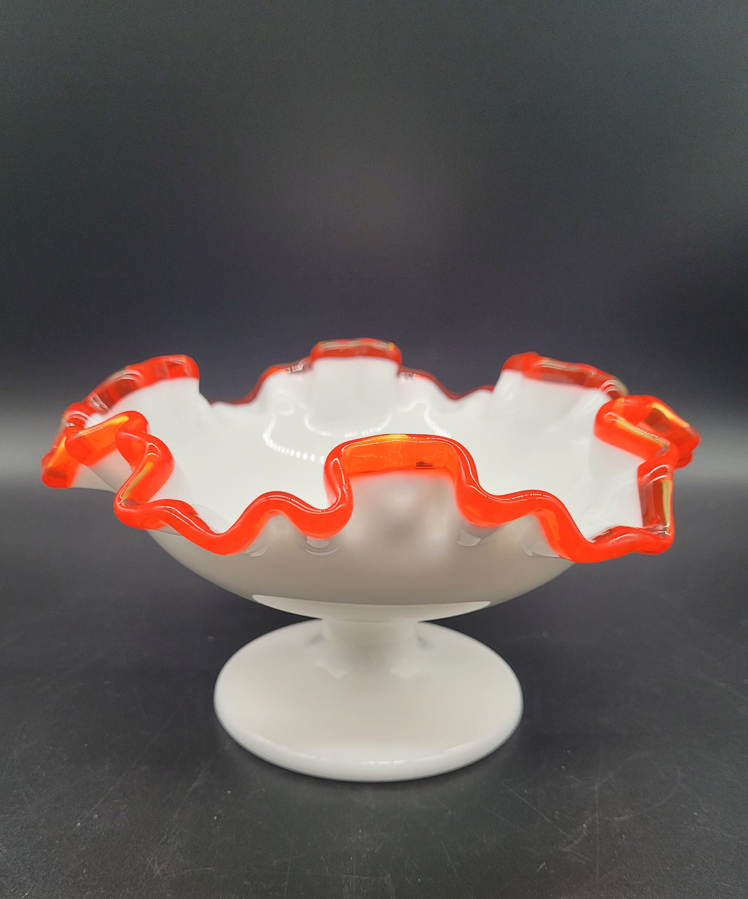 Vintage Fenton Flame Crest Ruffled Edge Compote Collectible Glass