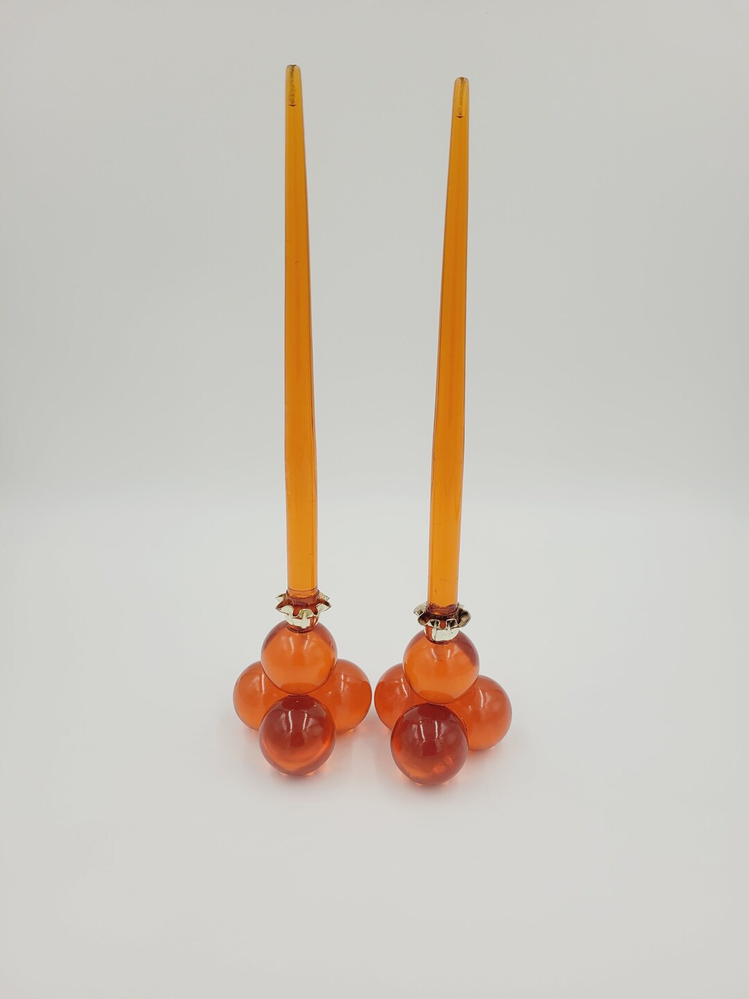 MCM Lucite Stacked Ball Candle Holders With Matching Tangerine Orange