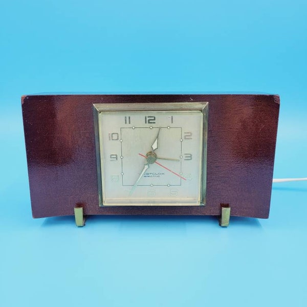 MCM Westclox Electric Alarm Clock Solid Mahogany Brass Feet Working Home Decor