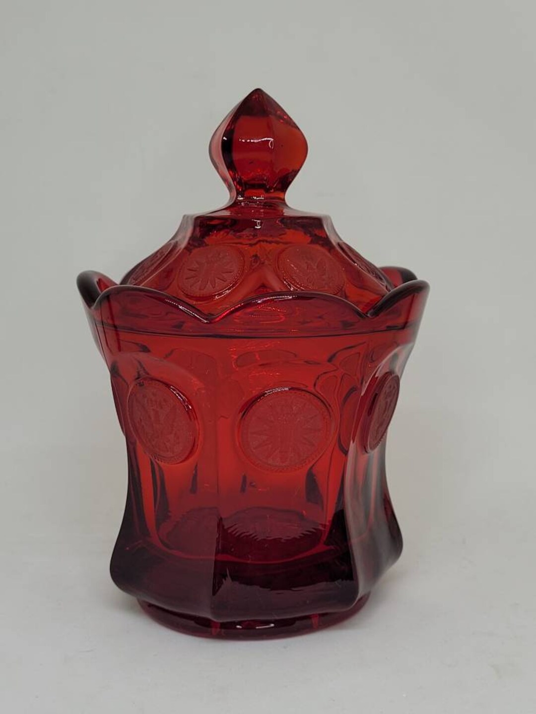 Vintage Fostoria Red Coin Dot Glass Lidded Candy Dish Sugar Bowl Collectible Glass Collectible