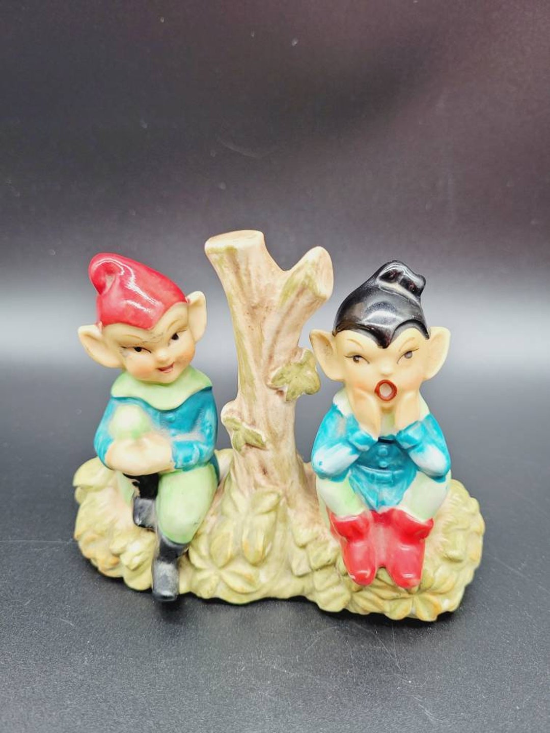 Vintage Pixies Elves on a Log Salt and Pepper Shaker Set Collectible