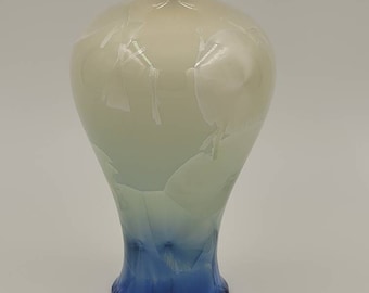 Vintage Crystalline Glaze Cream and Vibrant Blue Vase Home Decor Collectible Pottery