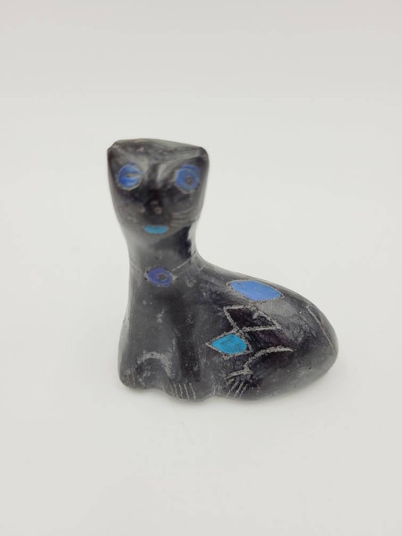 Vintage Mexican Oaxaca Black Folk Art Pottery Cat Kitten