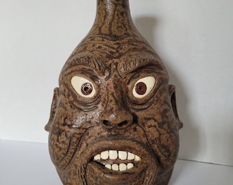 Tobacco Spit Glazed Folk Art Pottery Face Jug Signed JH Perdue Georgia Vintage Collectible Home Decor