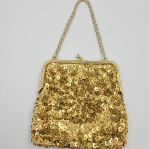 Vintage Gold Beaded Sequence Purse Hand Bag Evening Bag Made in Hong Kong with Kiss Lock Collectible Accessories Apparel