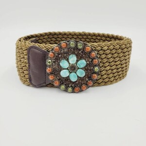 Vintage Danier Leather and Woven Material Belt with Large Belt Buckle Boho Apparel Accessories