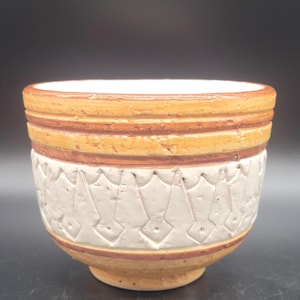 May include: A white ceramic planter with brown and yellow geometric patterns. The planter has a rounded shape and a wide opening.
