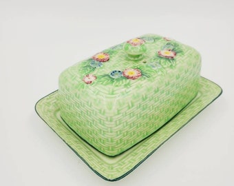 Vintage Green Basket Weave with Flowers Covered Butter Dish Japan Marutomoware Kitchen Decor