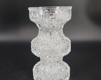 Mid Century Modern Ice Textured Oberglas Austria Glass Vase Hooped Greek Key Design Scandinavian Glass Home Decor