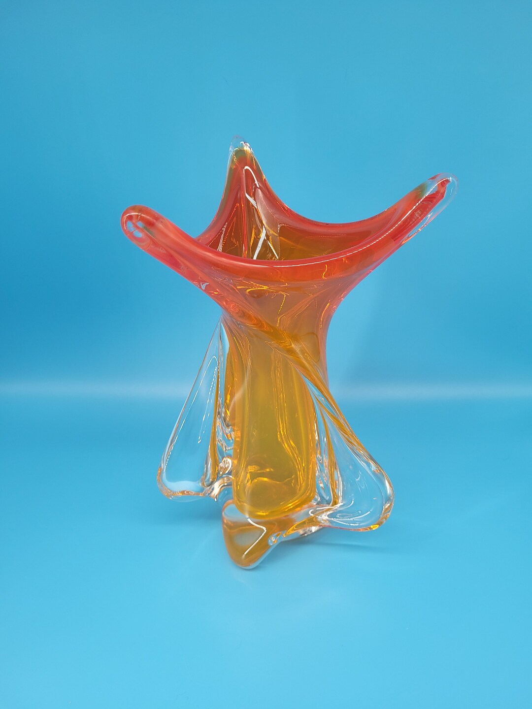 Large Vintage EDAG Chalet Art Glass Vancouver Orange Twisted Vase Glows Under UV Light Signed
