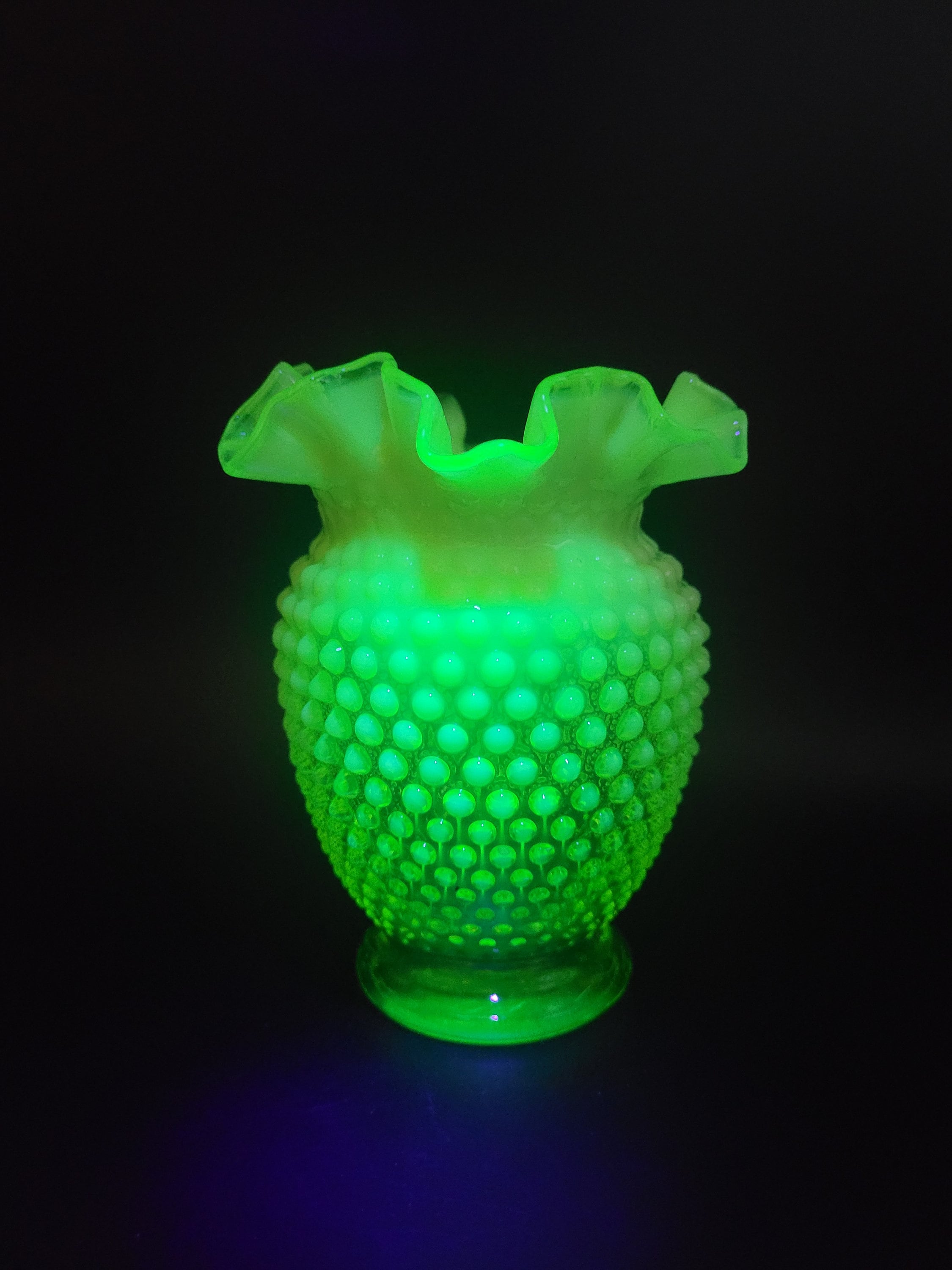 Vintage Fenton Hobnail Vaseline Opalescent Vase with Ruffled Edge Glows Under UV Light Collectible Glass Home Decor