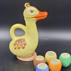 Vintage Anthropomorphic 7pc  Hummel Goebel Duck Decanter Set with 5 Shot Liqueur Glasses Collectible Home Decor