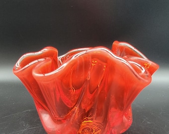 Vintage MCM Viking Epic Drape Art Glass Persimmon Orange Bowl Glows Under UV Light Collectible Glass Home Decor