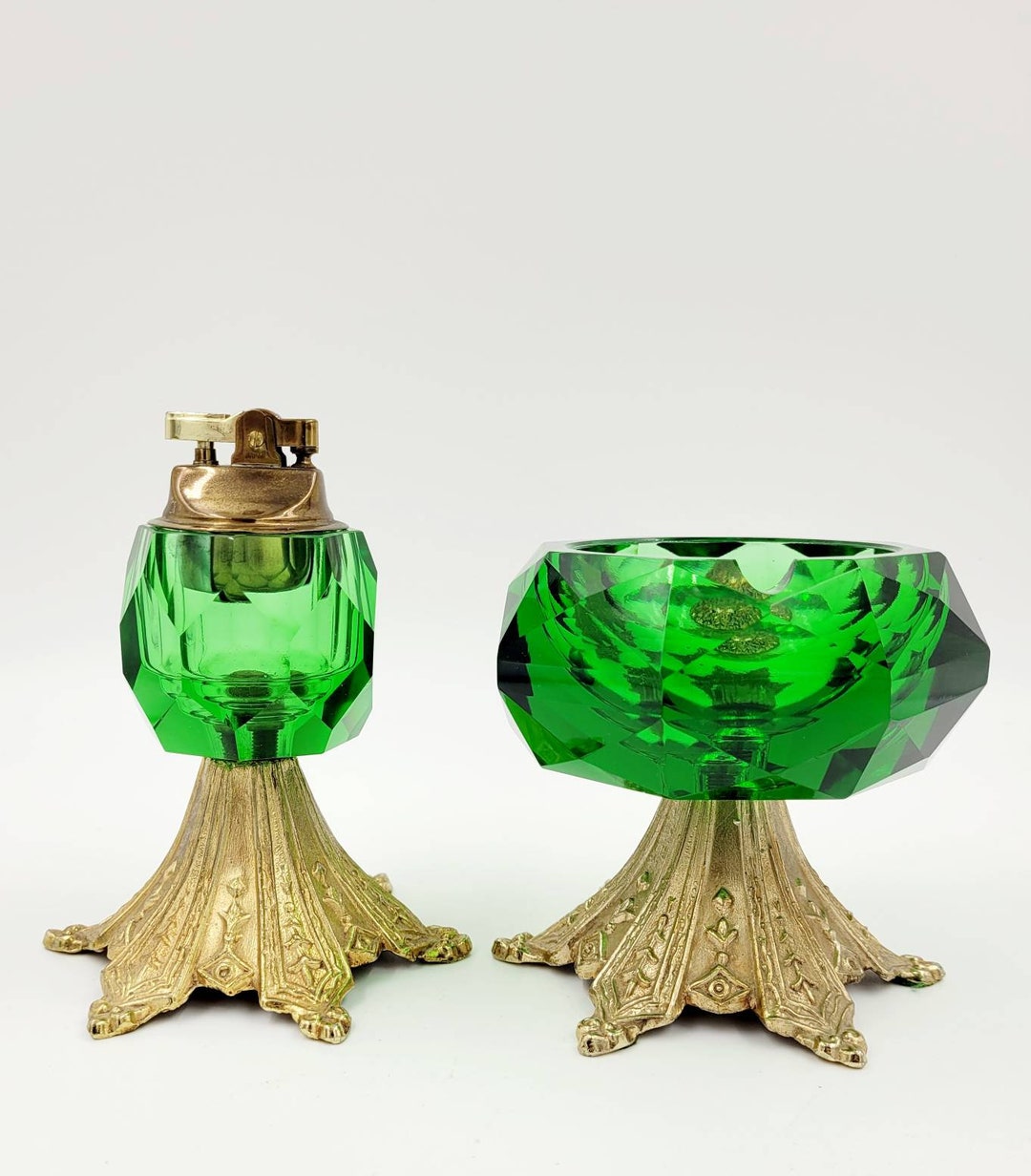FABULOUS MCM Faceted Green Glass Table Lighter and Matching Ashtray