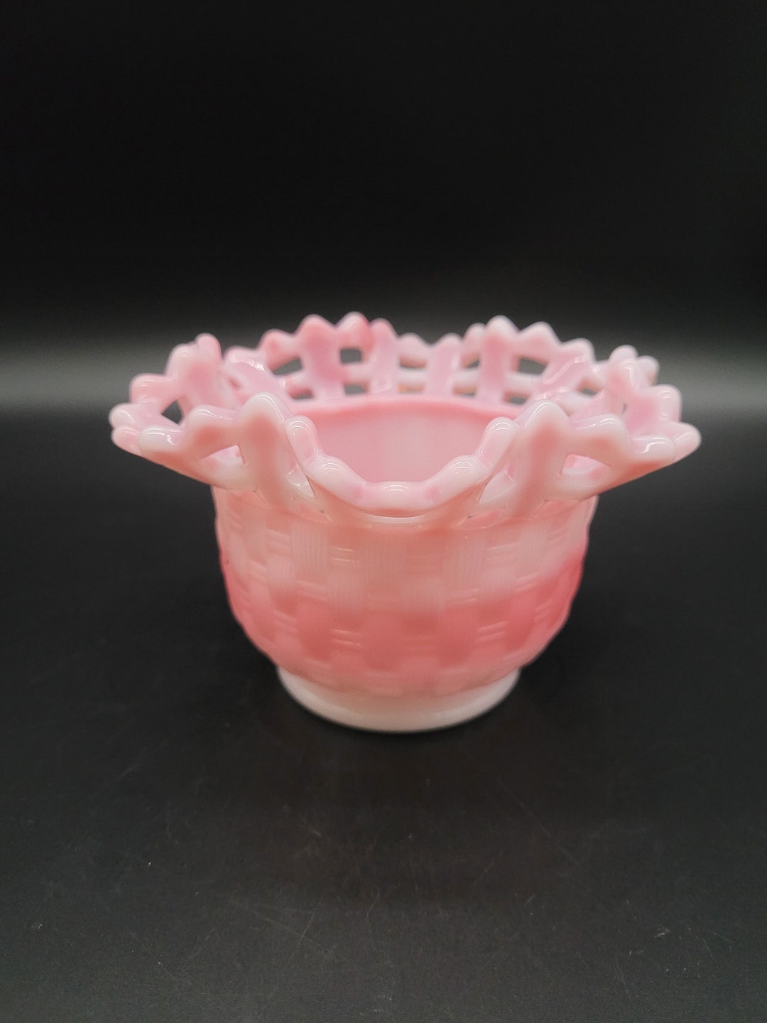 Vintage Fenton Pink Rosalene Glass Rose Bowl With Basket Weave Pattern ...