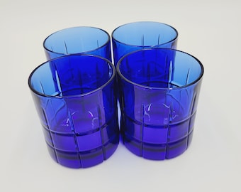 Vintage Set of 4 Anchor Hocking Cobalt Blue TARTAN Double Old Fashioned Rock Glasses Home Decor Barware