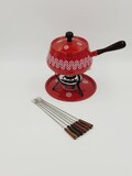 Vintage Mid Century Modern Red Enamel Fondue Pot Set with White Graphics Retro Kitchen Decor