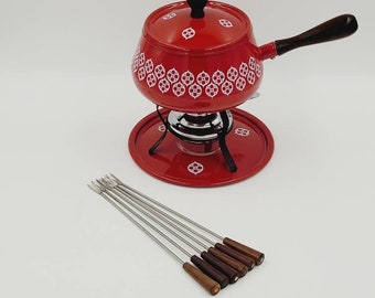Vintage Mid Century Modern Red Enamel Fondue Pot Set with White Graphics Retro Kitchen Decor
