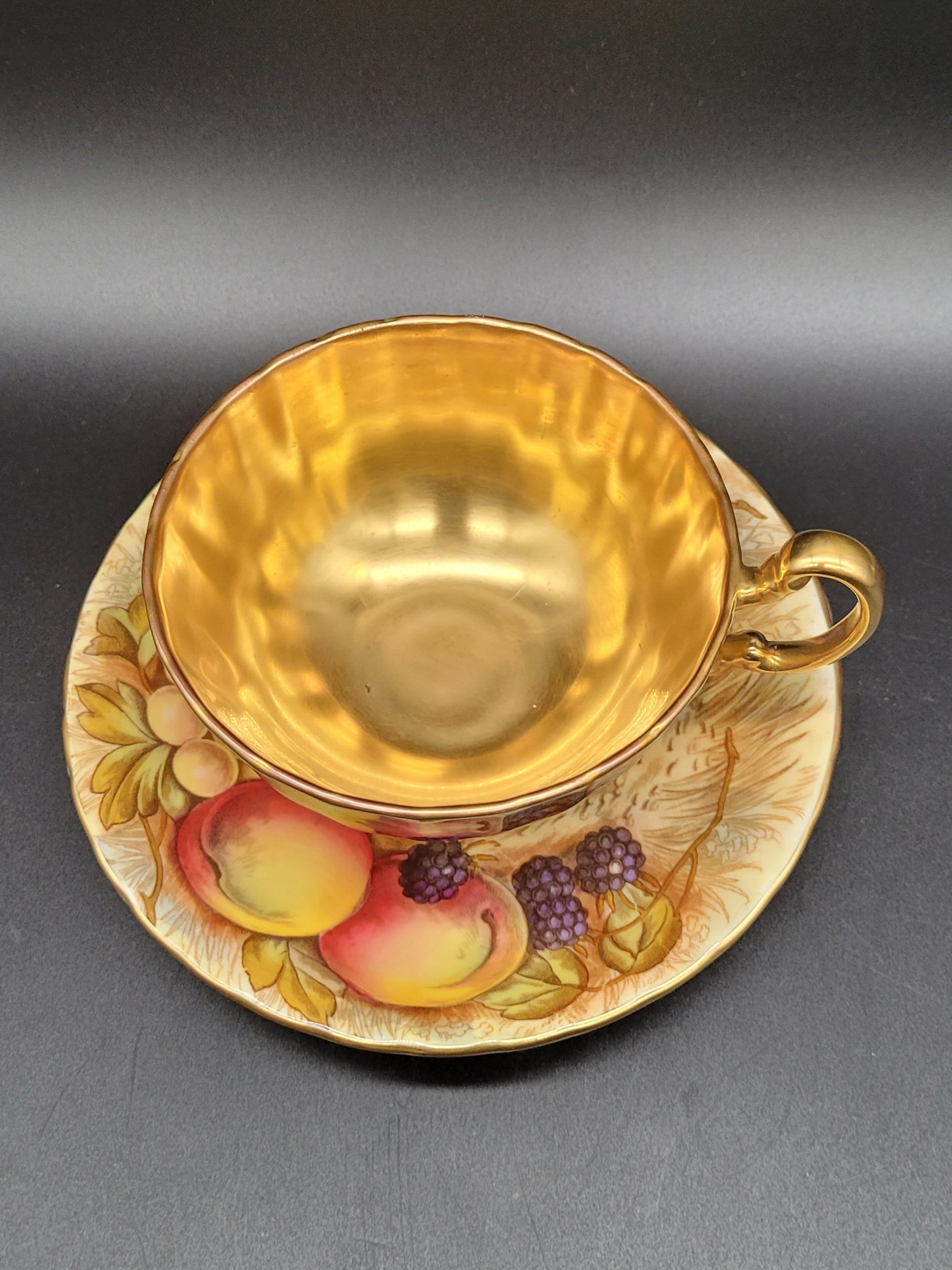 Vintage Aynsley Orchard Gold Fruit Teacup and Saucer Artist Signed