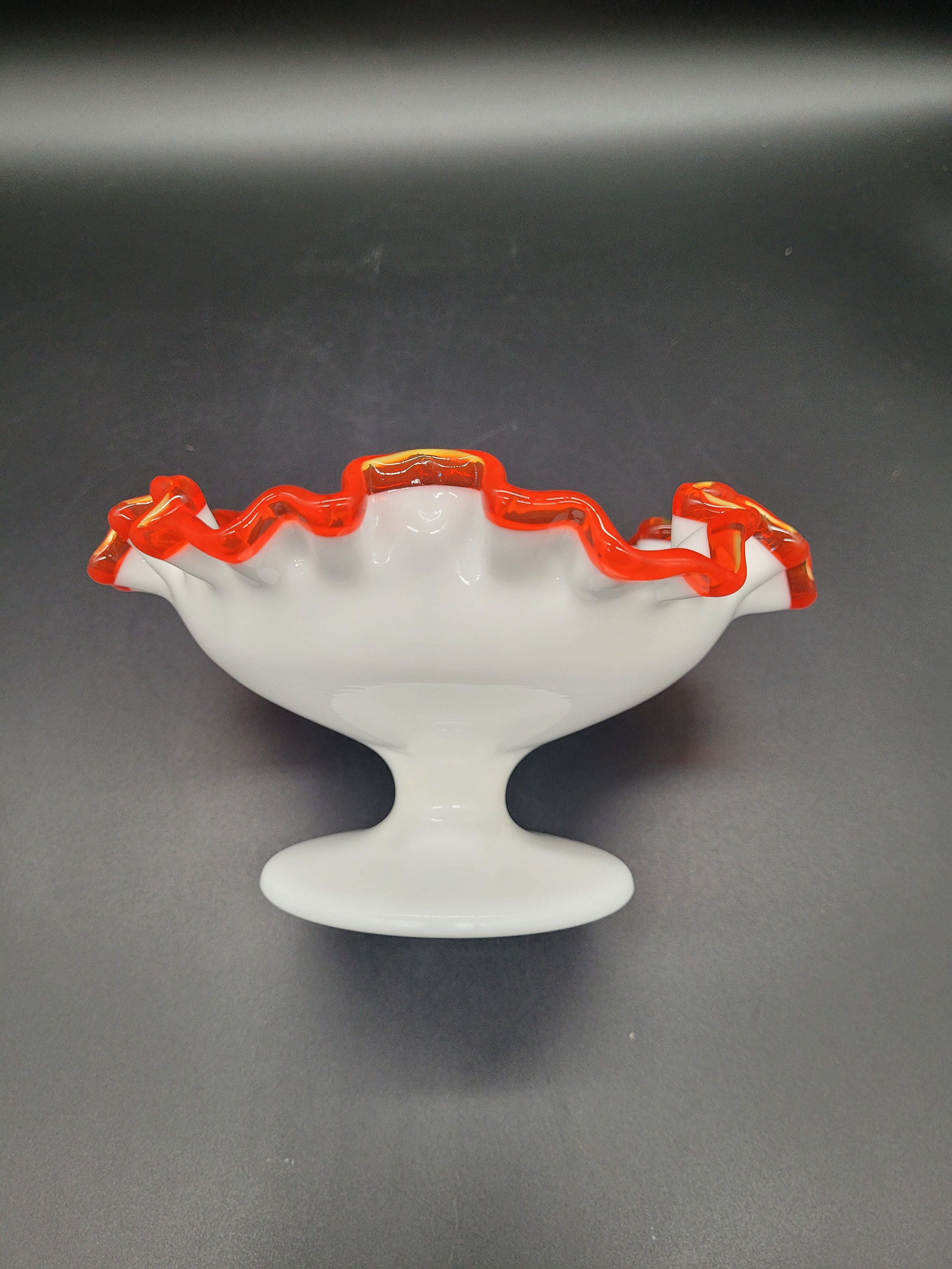 Vintage Fenton Flame Crest Ruffled Edge Compote Collectible Glass 