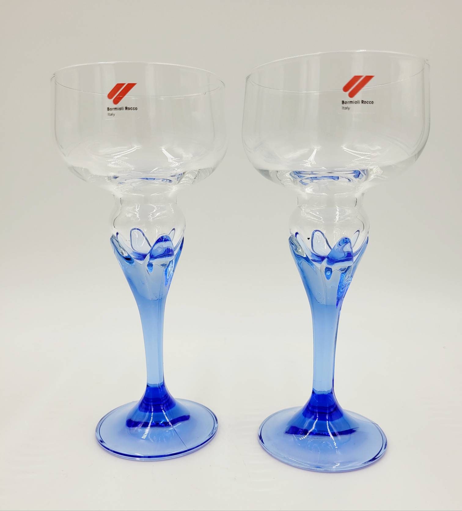 Vintage Set of 2 Bormioli Rocco Blue Stemmed Italian Art Glass Wine Glasses  Barware Home Dining Decor 