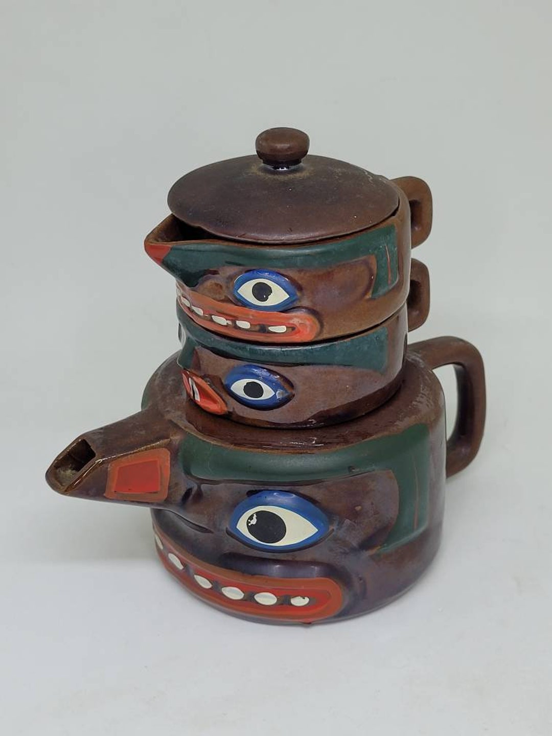 Vintage Haida Totem Pole Redware Stacking Teapot 4 Pc Set Japan