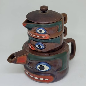 Vintage Haida Totem Pole Redware Stacking Teapot 4 pc Set Japan Collectible Kitchen Decor Kitsch