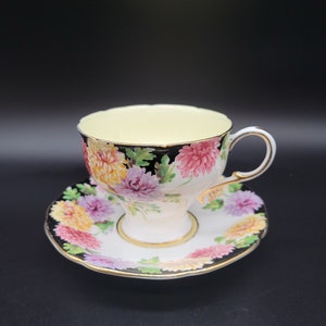 Vintage Paragon Chrysanthemum Corset Shaped Tea Cup and Saucer With Yellow Interior Collectible China Kitchen Decor
