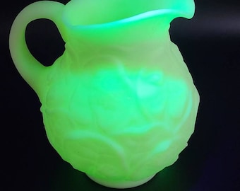Vintage Fenton Uranium Custard Glass Water Lily Pitcher Glows Under UV Light Collectible Kitchen Decor