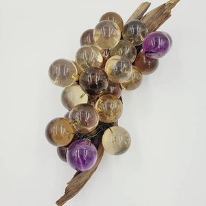 Vintage Retro Mid Century Modern Champagne Purple Amethyst Lucite Cluster Purple Grapes on Driftwood Home Decor