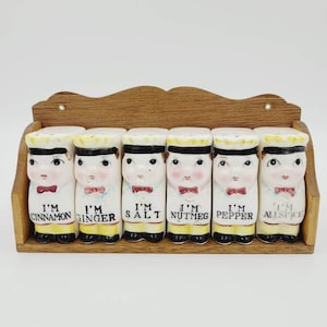Vintage I'm Royal Sealy Chef Spice Shaker Set Wooden Shelf Caddy 6 Shaker Spice Set Japan Kitchen Decor Kitsch bild 1