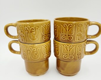 Vintage Set of 4 Light Brown Gold Mushroom Birds Japan