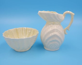 Vintage Belleek Irish Porcelain Shell Cream and Sugar Set Green Mark Collectible Home Kitchen Dining Decor