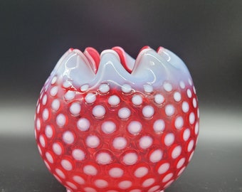 Vintage Fenton Cranberry Opalescent Art Glass Polka Dot Rose Bowl Vase With Crimped Edge Collectible Glass Home Decor