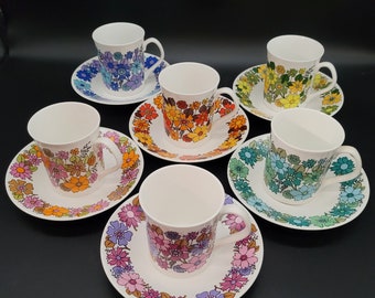 MCM Elizabethan Bone China Set of 6 Funky Flower Cups and Saucers Portobello Pattern Made in England Kitchen Dining Decor