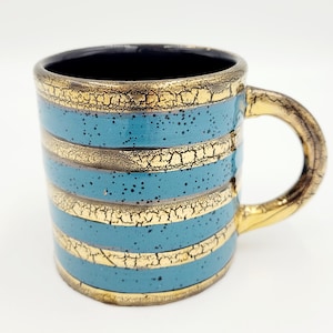 Vintage Mid Century Modern Italian Art Pottery Fratelli Fanciullacci Blue Gold Crackled Stripe Coffee Tea Coco Latte Mug Kitchen Decor